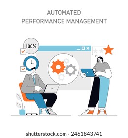 Automated Performance Management concept Professionals optimize workflows with digital tools Achieving efficiency with HR technology Vector illustration