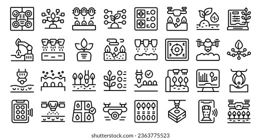 Automated plant seeding icons set outline vector. Nature farm. Plant innovation