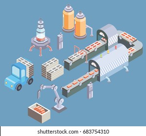 Automated Production Line. Factory Floor With Conveyor And Various Machines. Industrial Vector Illustration In Isometric Projection.