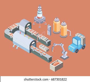 Automated Production Line. Factory Floor With Conveyor And Various Machines. Industrial Vector Illustration In Isometric Projection.