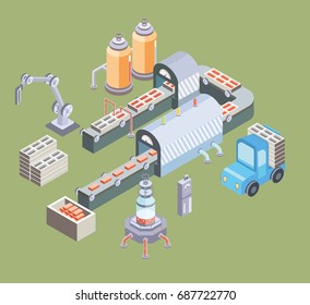 Automated Production Line. Factory Floor With Conveyor And Various Machines. Industrial Vector Illustration In Isometric Projection.