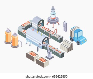 Automated Production Line. Factory Floor With Conveyor And Various Machines. Vector Illustration In Isometric Projection, Isolated On White Background.