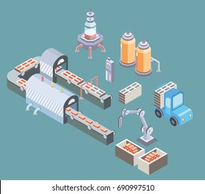 Automated Production Line. Factory Floor With Conveyor And Various Machines. Industrial Vector Illustration In Isometric Projection.