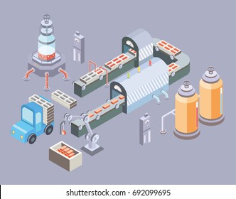 Automated Production Line. Factory Floor With Conveyor And Various Machines. Industrial Vector Illustration In Isometric Projection.