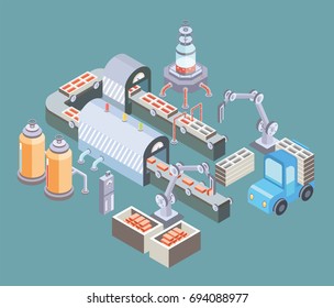 Automated Production Line. Factory Floor With Conveyor And Various Machines. Industrial Vector Illustration In Isometric Projection.