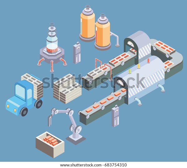 Automated production line. Factory floor with\
conveyor and various machines. Industrial vector illustration in\
isometric\
projection.