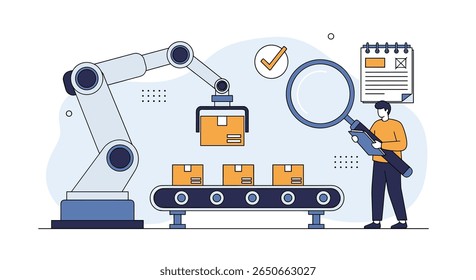 Automated production line quality control and inspection process with robotic arm and worker supervision enhancing efficiency and precision