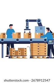 Linha de produção automatizada com os trabalhadores embalando caixas na correia transportadora.