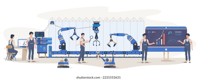 Automated production with robotic arms. Industrial line conveyor with robotic arms. High tech technology factory, plant. Minimal workforce.Operators and workers surveying the work process. Flat vector