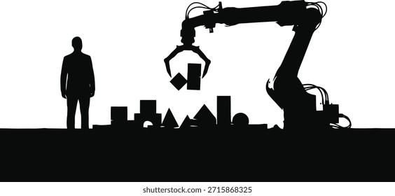 Automated production work silhouette vector illustration featuring worker monitoring robot arm.