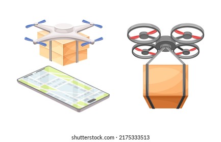Automated quadcopters flying with package boxes set. Modern delivery service with map and navigation on smartphone app vector illustration