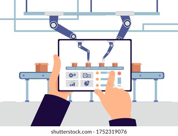 Automated robot arm conveyor belt machine assembly line and hands holding tablet with control app. Industrial manufacturing and smart factory - flat vector illustration.