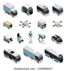 Automated robot delivery isometric icons collection with cute remote controlled humanoid quadruple drone unmanned vehicles vector illustration