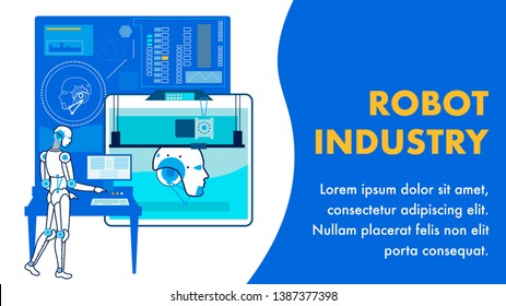 Automated Robot Production Flat Banner Template. Cartoon Cyborg Managing Manufacturing Process. Digital Interactive Board with Humanoid Design. Smart Industry Typography with Text Space