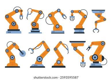 Automated robotic arm, Industrial tools mechanical robot arm machine hydraulic equipment automotive. Factory assembly robots conveyor isolated flat vector illustration