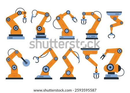 Automated robotic arm, Industrial tools mechanical robot arm machine hydraulic equipment automotive. Factory assembly robots conveyor isolated flat vector illustration