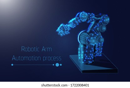 Automated robotic arm, Mechanical hand. Industrial robot manipulator. Modern industrial technology. illustration, dark blue background, Vector illustration, plexus,triangle,low poly,dot,wireframe