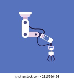 Automated robotic arm or mechanical hand, flat cartoon vector illustration isolated on blue background. Industrial robot manipulator of smart factory equipment.