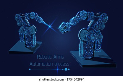 Automated robotic arm, Mechanical hands. Industrial robot manipulator. Modern industrial technology. illustration, dark blue background, Vector illustration, plexus,triangle,low poly,dot,wireframe