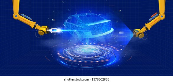 Automated robotic arm on the car production line is  welding car body on automobile factory. The robots draw the outline of the concept car with a laser and hologram. Futuristic car in style HUD GUI.