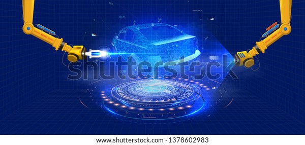 Automated robotic arm on the car production line is 
welding car body on automobile factory. The robots draw the outline
of the concept car with a laser and hologram. Futuristic car in
style HUD GUI.