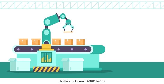 Automated robotic arm placing boxes on a conveyor belt in a warehouse, flat style, white background. Concept of smart factory automation. Vector illustration