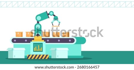 Automated robotic arm placing boxes on a conveyor belt in a warehouse, flat style, white background. Concept of smart factory automation. Vector illustration