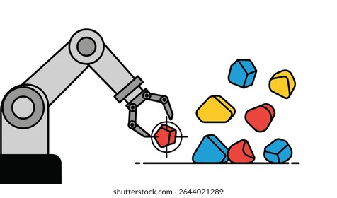 Formas geométricas multicoloridas de classificação automática do braço robótico em um ambiente de fabricação com precisão