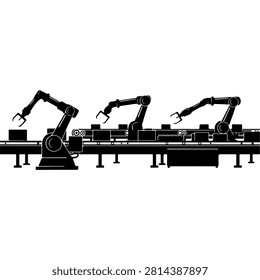 Automated robotic arms assembling products on a production line in a modern factory setting.