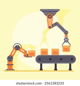 Automated robotic arms lifting and moving boxes on an assembly line inside a factory, representing automation, industry 4.0, artificial intelligence and smart manufacturing