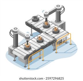 Automated Robotic Arms Working on Smart Factory Conveyor System, Industry 4.0, Isometric Isolated cartoon