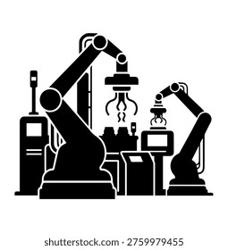 Automated Robotic Assembly Line Vector Illustration Modern Industry 4.0 Robotic Arm Silhouette Icon for Smart Factory Manufacturing Technology