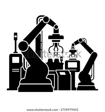 Automated Robotic Assembly Line Vector Illustration Modern Industry 4.0 Robotic Arm Silhouette Icon for Smart Factory Manufacturing Technology