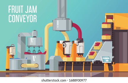 Automated robotic fruits conveyor composition with text and view of industrial facility line producing confectionery products vector illustration 