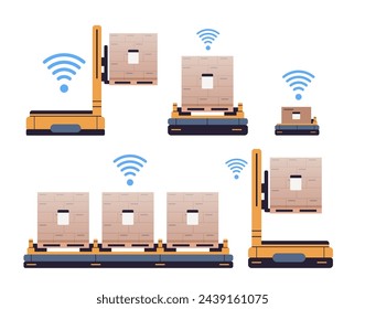 Automated robotic loaders set on isolated background. Forklift drones vector illustration