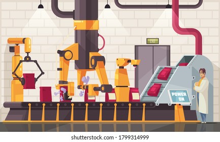 Automated robotic packing conveyor composition with indoor view of industrial production facility and line of manipulators vector illustration