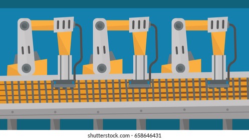 Automated robotic production line. Automated robotic conveyor belt. Robotic arms working on conveyor belt. Vector flat design illustration. Horizontal layout.