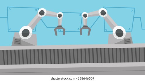 Automated robotic production line. Automated robotic conveyor belt. Robotic arms working on conveyor belt. Vector flat design illustration. Horizontal layout.