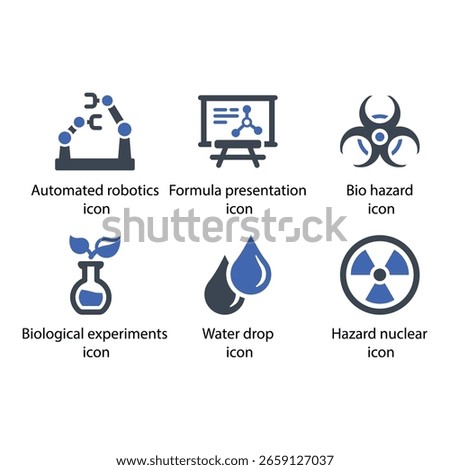 Automated robotics, Formula, Bio hazard, Biological experiments, Water drop, Hazard nuclear, icon