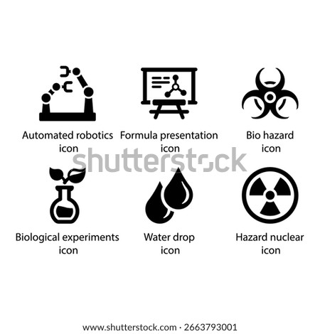 Automated robotics, Formula, Bio hazard, Biological experiments, Water drop, Hazard nuclear, icon