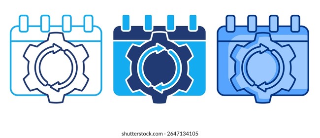 Automated scheduling grid icon represented by calendar, rotation arrow, gear Blue, Dualline, Dualtone style.