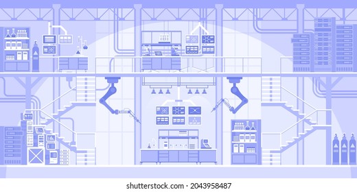 Fondo horizontal de laboratorio científico automatizado. Pruebas de fabricación de armas robóticas en equipos. Investigación científica innovadora con maquinaria robótica. Resumen del panorama industrial. Ilustración del vector