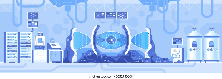 Automated scientific laboratory horizontal background. Study of atomic structure in machinery, make research on professional equipment. Modern lab interior with furniture. Vector illustration panorama