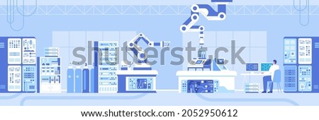 Automated scientific laboratory horizontal background. Robotic arms making tests in flasks, scientist monitoring research on computers. Lab panorama with innovative machinery. Vector illustration