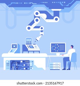 Automated scientific laboratory interior with robotic technology Scientists analyses data of research, robotic arms make test in flasks on modern professional lab equipment Vector science illustration