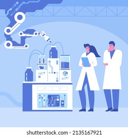 Automated scientific laboratory interior with robotic technology Scientists analyses data of research, robotic arms make test in flasks on modern professional lab equipment Vector science illustration