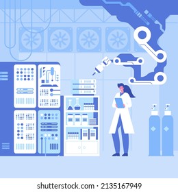 Automated scientific laboratory interior with robotic technology Scientists analyses data of research, robotic arms make test in flasks on modern professional lab equipment Vector science illustration