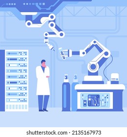 Automated scientific laboratory interior with robotic technology Scientists analyses data of research, robotic arms make test in flasks on modern professional lab equipment Vector science illustration