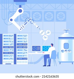 Automated scientific laboratory interior with robotic technology Scientists analyses data of research, robotic arms make test in flasks on modern professional lab equipment Vector science illustration