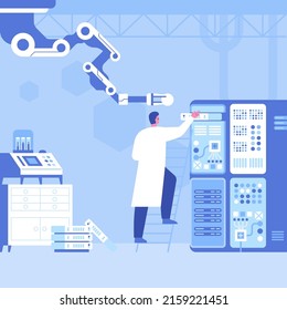 Automated scientific laboratory interior with robotic technology Scientists analyses data of research, robotic arms make test in flasks on modern professional lab equipment Vector science illustration